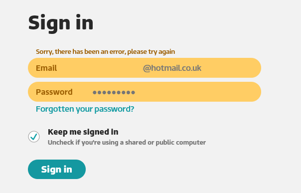 Login failure screen Login failure screen